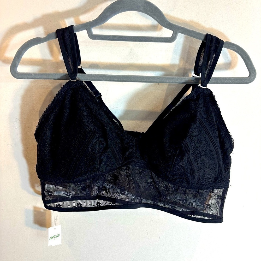 AERIE Sz XL Black Padded Comfort Strap Lacey Pull On Bralette Bra NEW WITH TAG
